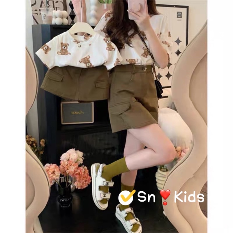 Set áo gấu quần giả váy kaki cho bé gái