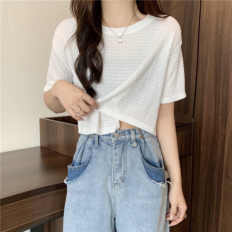 Áo Thun Tay Ngắn Cổ Tròn Màu Sắc Đơn Giản Cho Phái Nữ