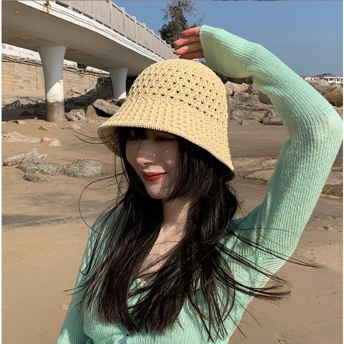Korean Fashion Design Nón Vành Đan Len Phong Cách Vintage Thời Trang Cho Nữ Elegance Temperament Sun Protection shaded