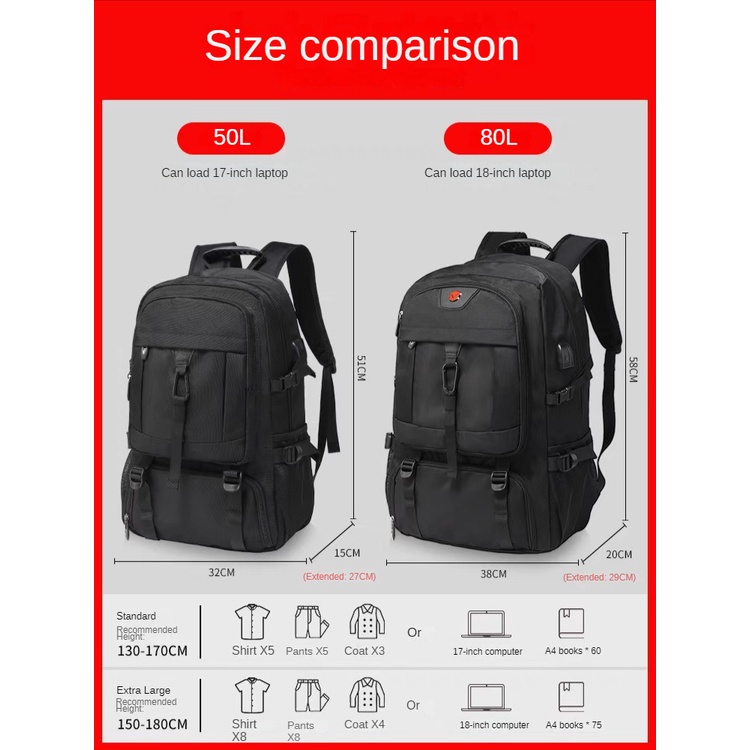COD 50-80L Balo du lịch nam balo để quần áo balo đựng laptop 17 inch chống thấm nước