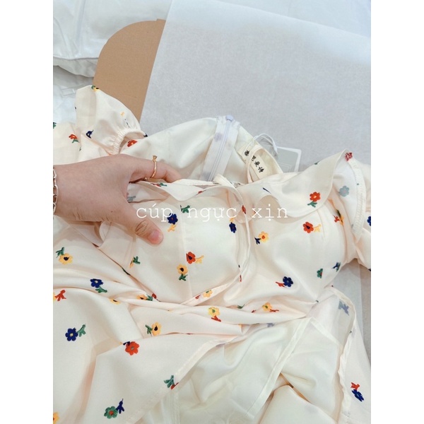 Váy ĐẦM HOA hồng vintage  cổ vuông nơ xếp ly xoè ngắn tiểu thư sang chảnh sexy tiểu thư bánh bèo