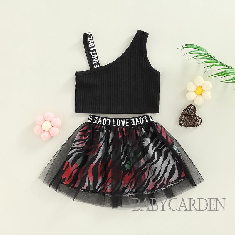 Set Áo Hai Dây Dệt Kim In Chữ + Chân Váy Lưới Thời Trang Cho Bé Gái 6 Tháng-4 Tuổi