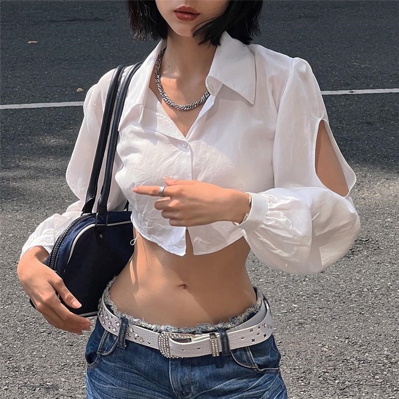 Áo sơ mi kiểu trắng croptop nữ sexy Đi quẩy bar pub party Dự tiệc tùng event Hở bụng Sơ mi kiểu nữ sexy croptop Dài tay
