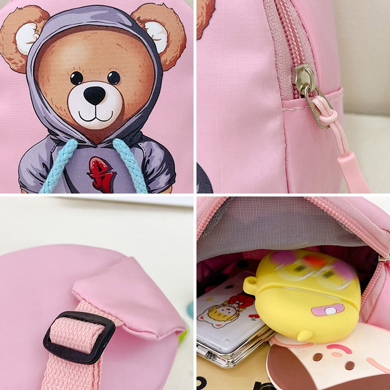 Túi Đeo Chéo Ngực / Thắt Lưng Vải Canvas Hình Gấu Hoạt Hình Dễ Thương Có Khóa Kéo Có Thể Điều Chỉnh Cho Bé