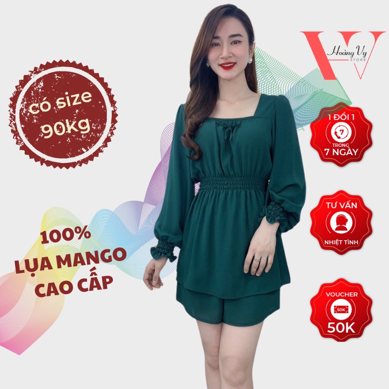 Đồ Bộ Nữ Cao Cấp - Áo Tay Dài Bo Eo - Quần Đùi - Lụa Mango Không Nhăn