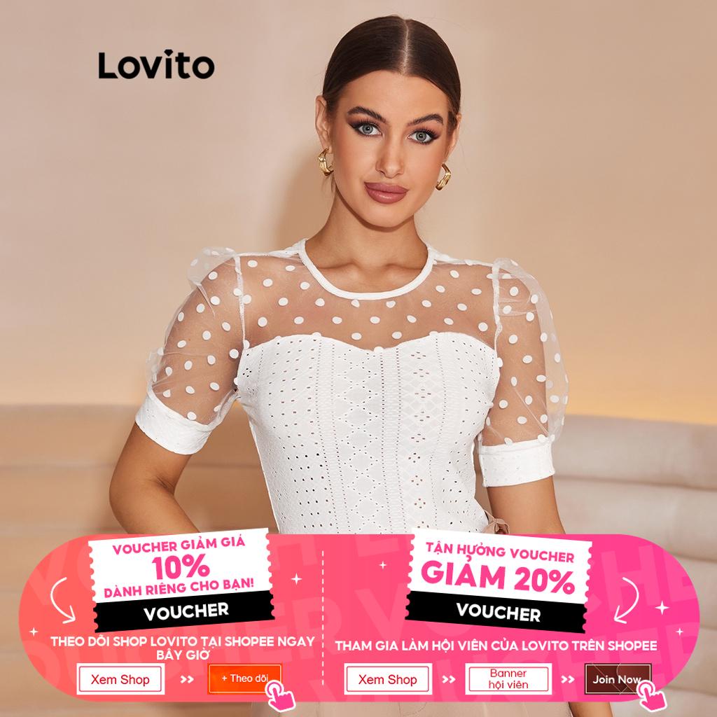 19de-Lovito Lãng mạn Cổ tròn Puff Tay áo Lưới tương phản Nữ Áo thun L35LD085 (Trắng)