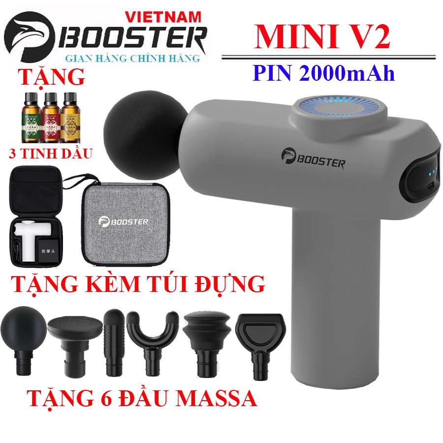 MUA 1 ĐƯỢC 4 - 2000mAh KÈM 6 ĐẦU - TẶNG TÚI ĐỰNG Máy massa cầm tay BOOSTER MINI V2 công suất 25W lực đấm 14kg, sâu 6mm