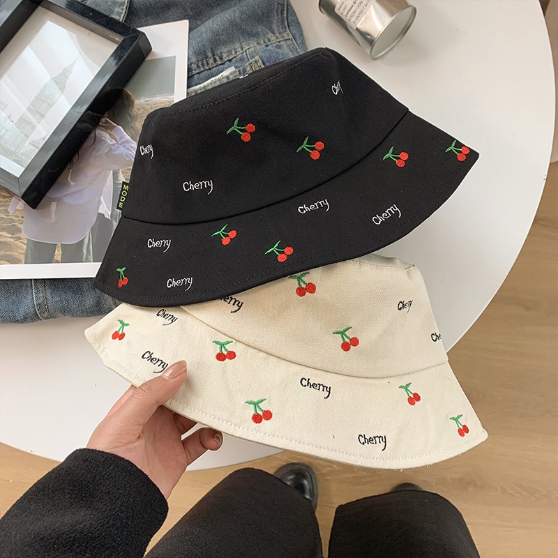 HMH®Mũ bucket vành ngắn thêu hoạ tiết anh đào cherry dễ thương chống nắng dành cho nữ