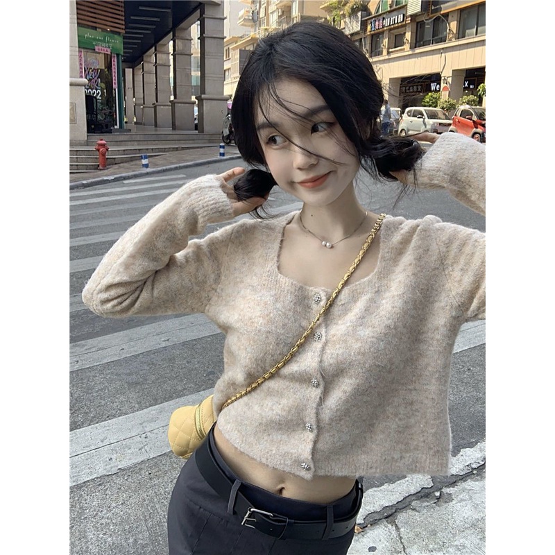 Áo Cardigan Ngắn Cổ Vuông Tay Dài Phong Cách Hàn Quốc Thời Trang Mùa Thu Mới 2023 Dành Cho Bạn Nữ