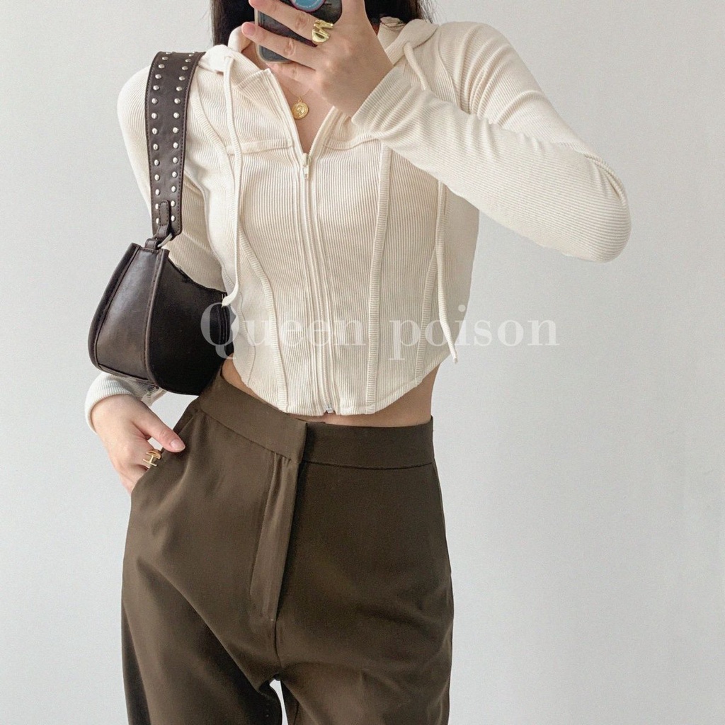 Áo croptop tay dài áo croptop Áo Khoác Thể Thao Có Nón Phối Khóa Kéo Phong Cách Âu Mỹ Cho Nữ