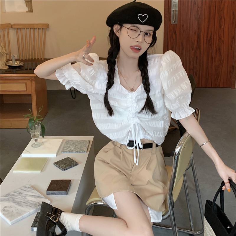 IELGY     Áo Kiểu Tay Phồng Ngắn Dáng Ôm Rút Dây Thời Trang Cho Nữ