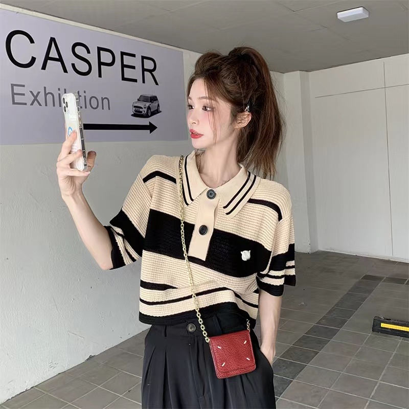 Áo polo SUXI dáng rộng kẻ sọc màu cổ điển dễ phối đồ thời trang cho nữ