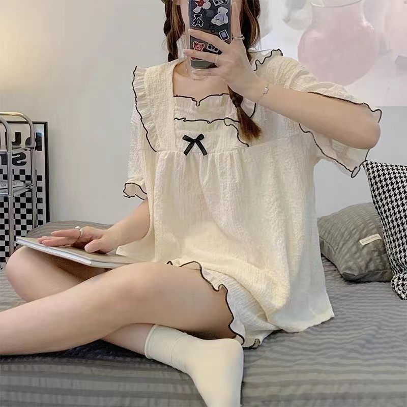 Bộ Đồ Ngủ Tay Ngắn Chất Cotton Mỏng Nhẹ Đính Nơ Thời Trang Mùa Hè Xinh Xắn Cho Nữ