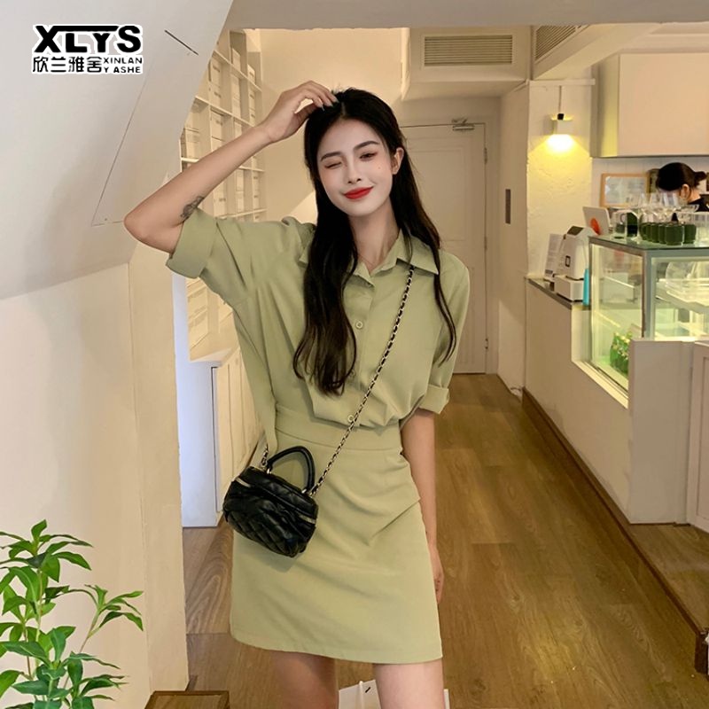 Set đồ XINLANYASHE gồm áo sơ mi cổ bẻ phối chân váy thời trang Hàn Quốc xinh xắn cho nữ