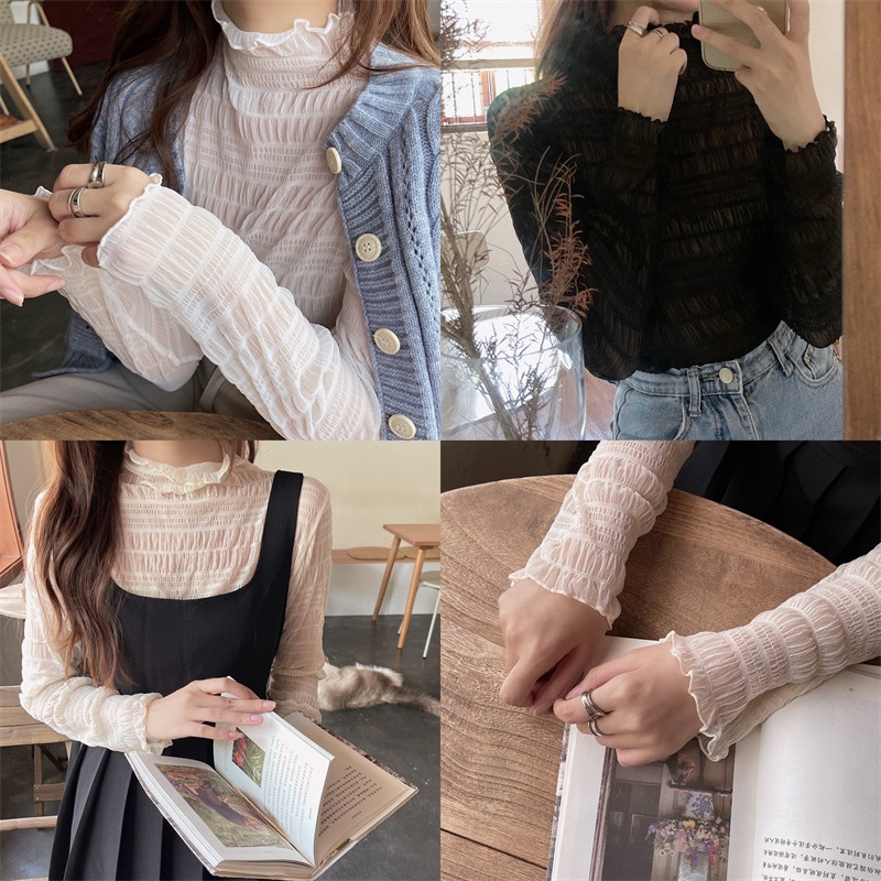 Áo Sơ Mi Chiffon Phối Ren Xuyên Thấu Phong Cách Hàn Quốc Mới