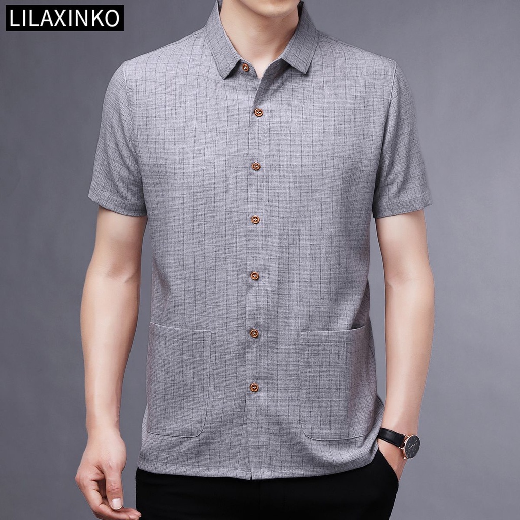 Áo Sơ Mi Cotton Tay Ngắn Có Túi Họa Tiết Sọc Caro 4 Màu Thời Trang Chất Lượng Cao Cho Nam