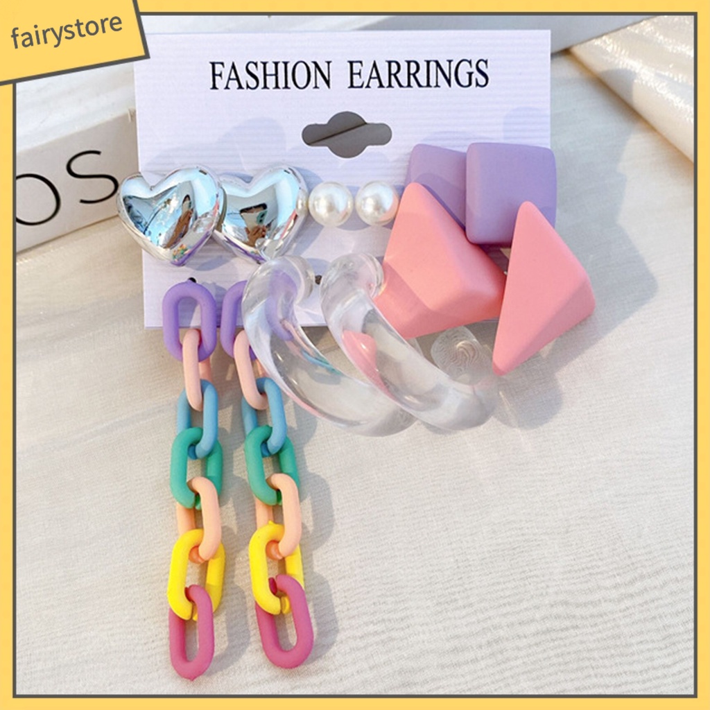 Set 1 / 4 / 6 Đôi Khuyên Tai Hình Học Trái Tim Màu Sắc Ngọt Ngào Bằng Acrylic