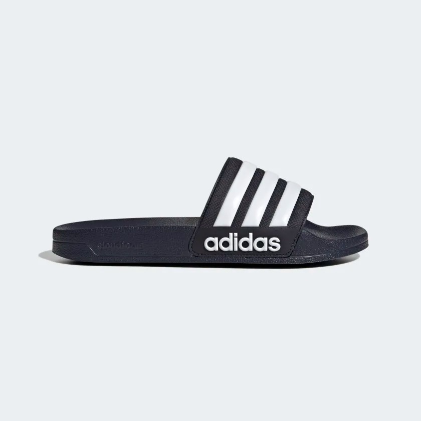 Dép chính hãng Adidas Adilette Shower unisex màu xanh navy sọc trắng logo trắng