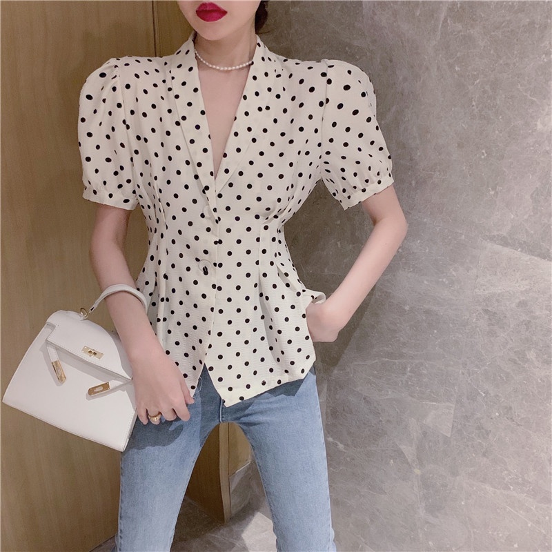 SUXI Áo Sơ Mi Tay Ngắn Họa Tiết Chấm Bi Phong Cách Vintage Hàn Quốc