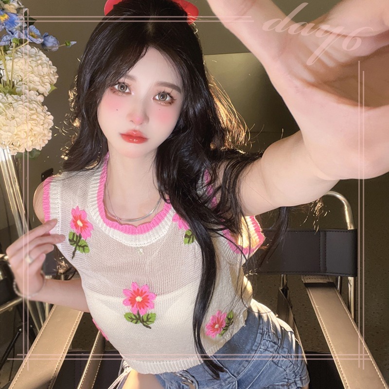 Áo Tank Top Dệt Kim Sát Nách In Hoa Kiểu Hàn Quốc Xinh Xắn Cho Bạn Gái