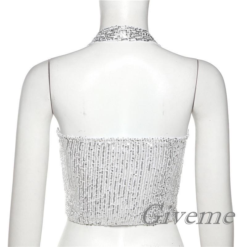 Áo Lửng Hai Dây Cổ Yếm Hở Lưng Đính Sequin Lấp Lánh Thời Trang Mùa Hè Dành Cho Nữ