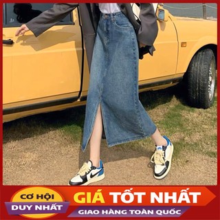 Chân váy jeans dài chữ a lưng cao xẻ trước phong cách hàn quốc m6826 - violet