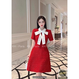 Đầm Dạ Cổ Phối Dây Nơ Trắng - D23084
