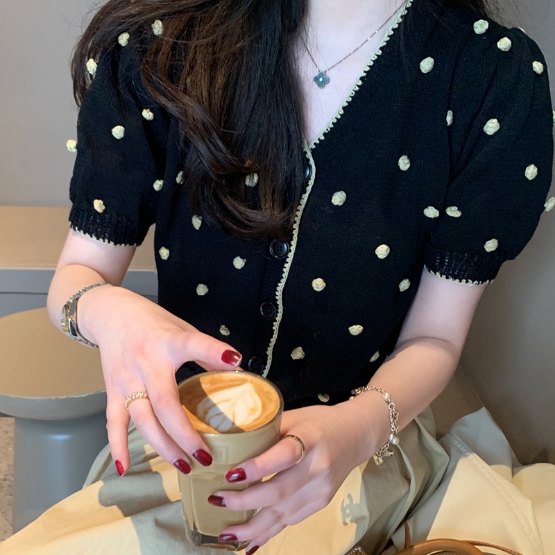 IELGY Áo Dệt Kim Cổ Chữ v Họa Tiết Chấm Bi Ngọt Ngào Cho Nữ