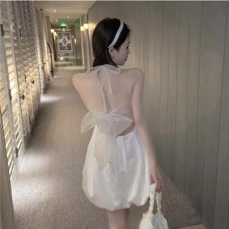 Đầm Dáng Ôm Cổ Thắt Nơ Phối Lưới Xinh Xắn Thời Trang Hàn Quốc