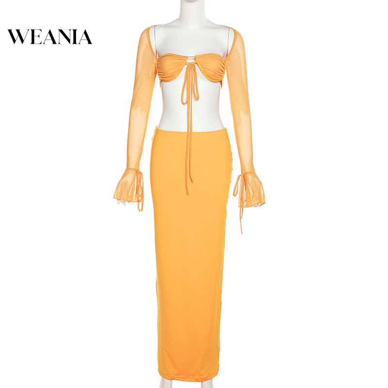 Bộ Áo Croptop Tay Dài + Chân Váy Quấn Dài Màu Sắc Đơn Giản Thời Trang Cho Nữ