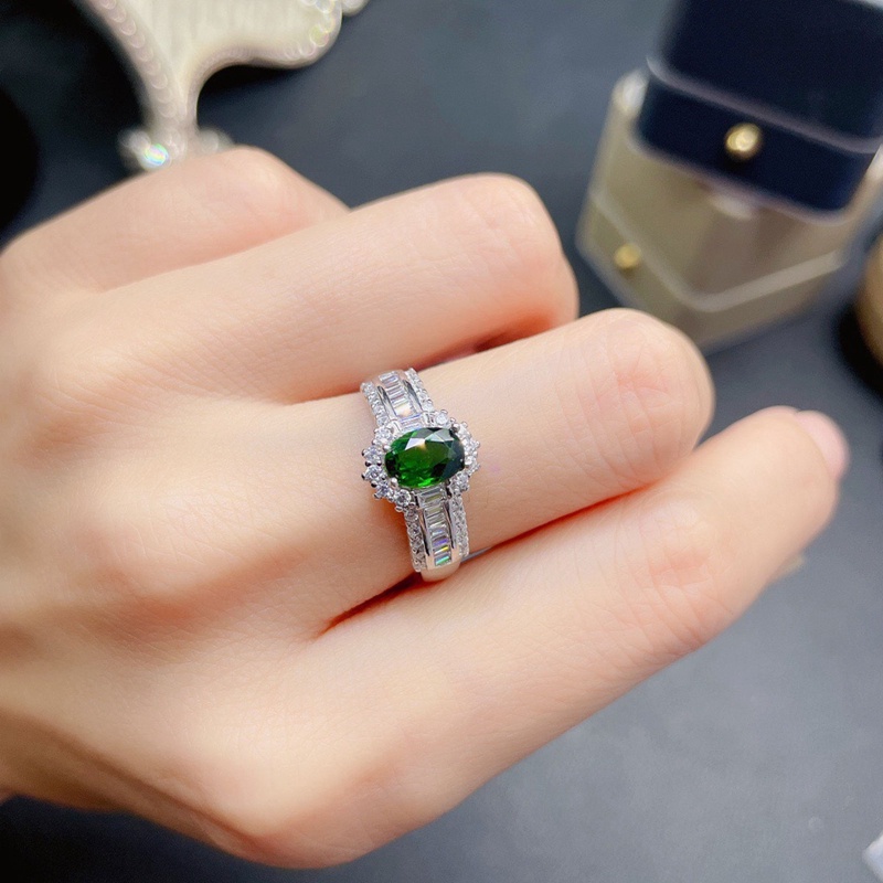 Nhẫn Bạc Đính Đá Zircon Hình Oval Màu Xanh Lá Cây Điều Chỉnh Được Thời Trang Cho Nữ
