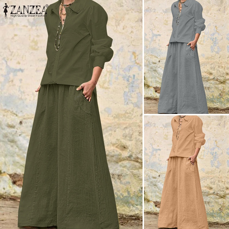 Zanzea Set Áo Kiểu Dài Tay Cổ V + Quần Dài Ống Rộng Thời Trang Nữ