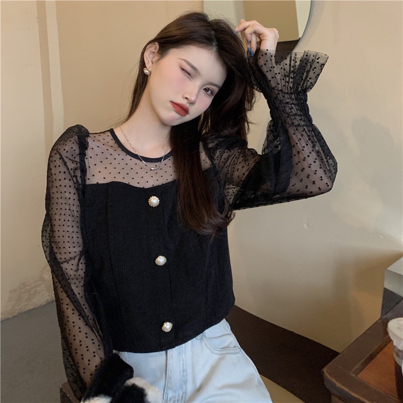 IELGY  Áo Kiểu Tay Phồng Phối Lưới Thời Trang Cho Nữ