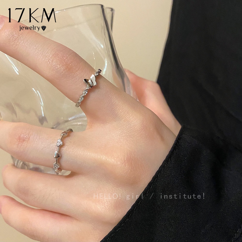 Bộ nhẫn đồng 17KM Y2K đính đá zircon hình trái tim / bướm xinh xắn