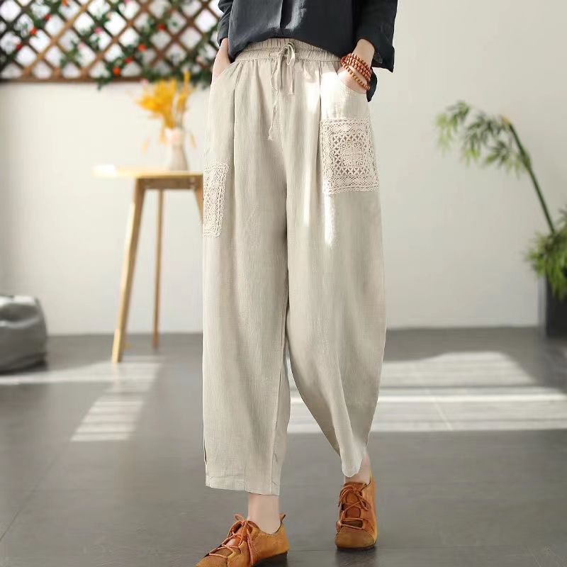 ICE Cotton and Linen Tappered Harem Pants Lace Patch Pants Brand Discount Discount Store Foreign Trade Export Original Single Female Loose Slimming Linen