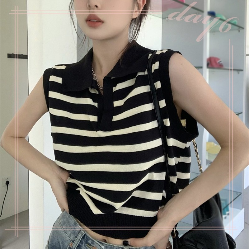 1 Áo Croptop Dệt Kim Sát Nách Họa Tiết Kẻ Sọc Thời Trang Hàn Quốc Cho Nữ