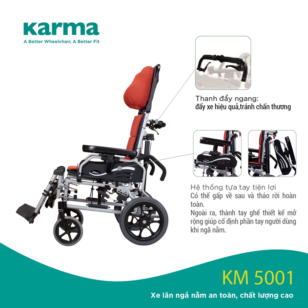 [Chính hãng KARMA] Xe Lăn Ngả Nằm Cao Cấp KM5001 Dành Cho Người Cao Tuổi