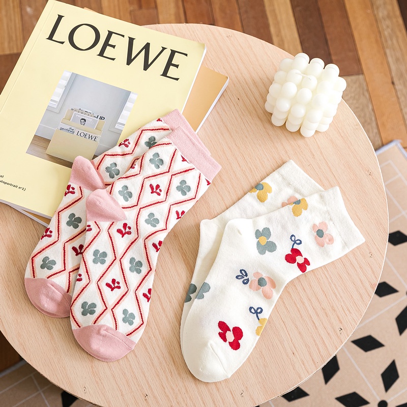 Vớ Cotton Cổ Cao Họa Tiết Hoa Phong Cách Hàn Quốc Thời Trang Cho Nữ
