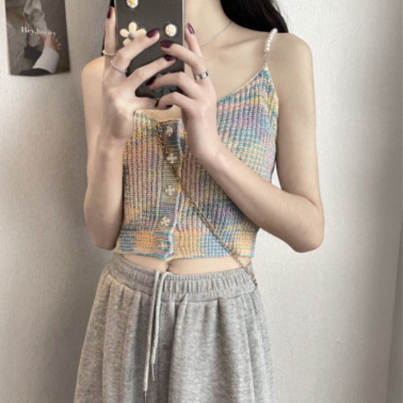 Áo Dệt Kim Hai Dây Dáng Ngắn Phối Màu Tương Phản Thời Trang Mùa Hè Quyến