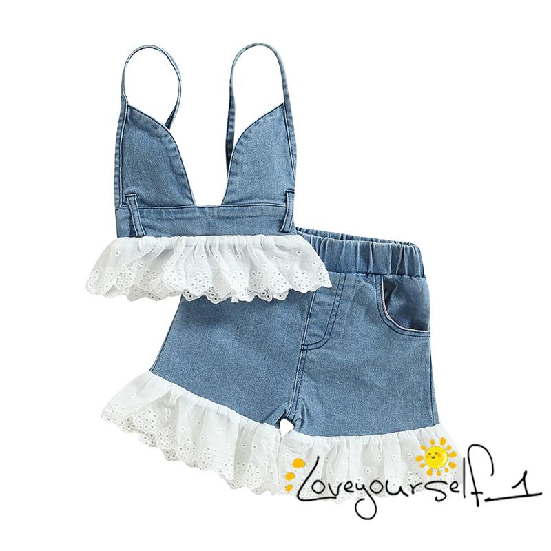 Bộ Áo Hai Dây Phối Ren + Quần Short Denim Co Giãn Thời Trang Mùa Hè Cho Bé B930G