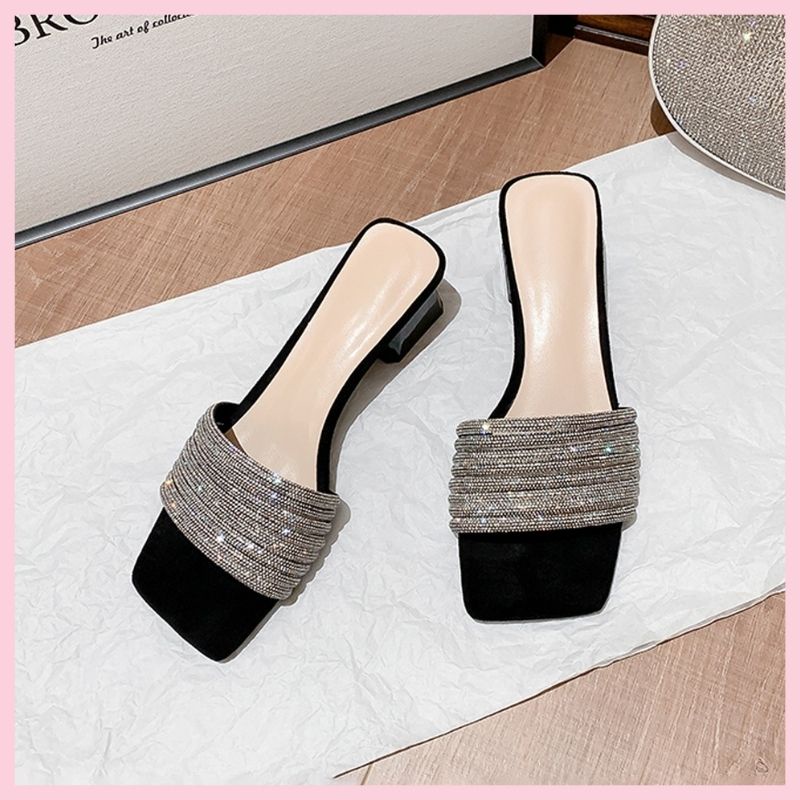 Dép guốc nữ 5phân quai ngang đính đá viền da gót mũi vuông đế cao tôn dáng Jumato