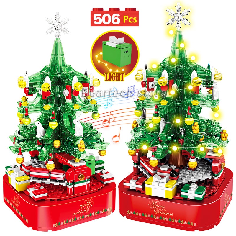 Mô hình lắp ghép hộp nhạc cây thông giáng sinh đèn LED có thể xoay làm đồ chơi cho bé