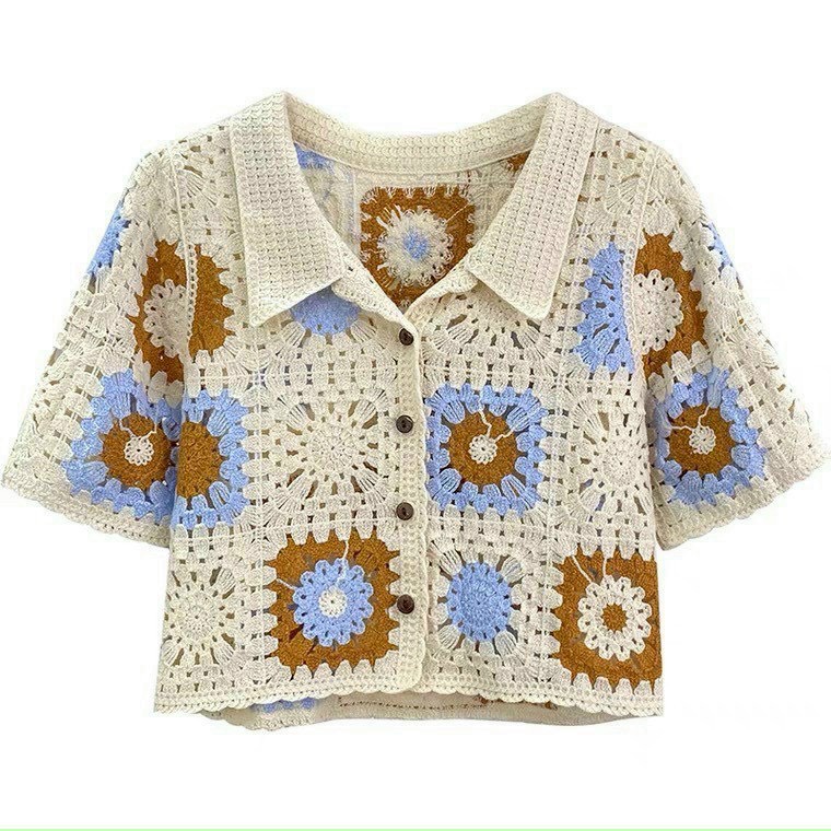 Áo len dáng croptop hoa cúc, Áo len ren đan móc thổ cẩm hoạ tiết