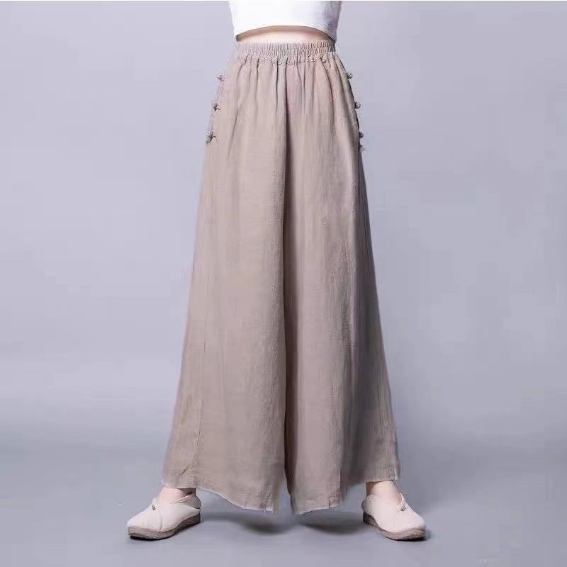 ICE Cotton and Linen Pants Draping Wide-Leg Pants Thin Cropped Large Swing Pants Skirt Elastic Waist Breathable Casual Withdrawal Cut Label Tail Order