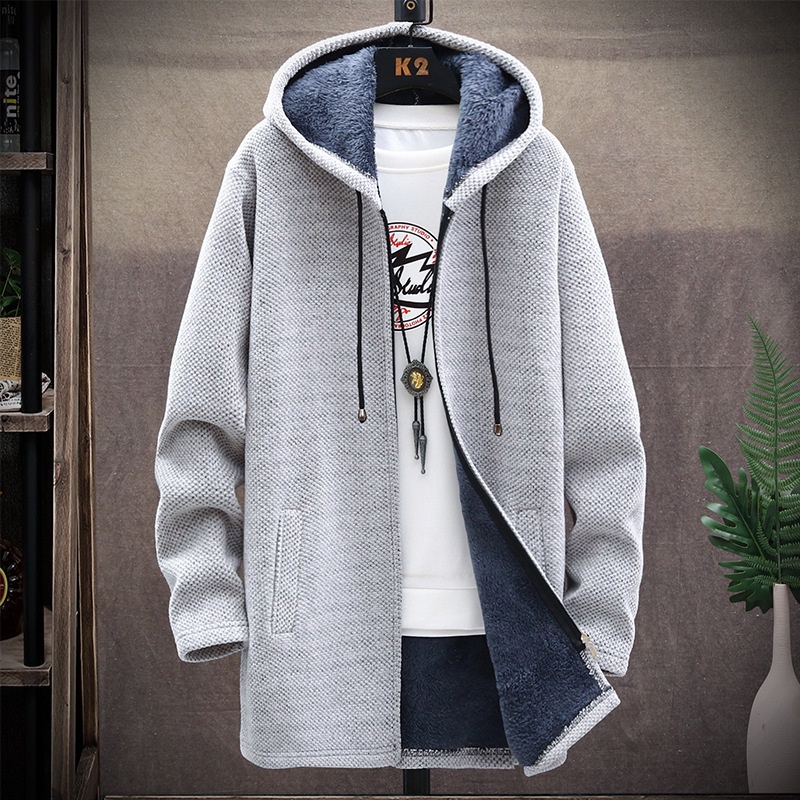 Áo Khoác Cardigan Dáng Dài Có Nón Phối Lông Cừu Dày Giữ Ấm Plus Size 4XL Thời Trang Mùa Đông Cho Nam