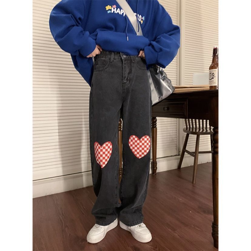 Quần Jeans Đen Xám Lưng Cao Ống Rộng Thêu Hình Trái Tim Thời Trang Thu Đông Hàn Quốc Cho Nữ
