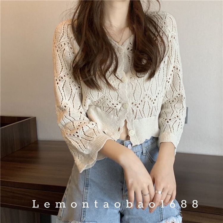 Áo Khoác Len Cadigan Dệt Kim Ren Móc Cho Nữ Có Sẵn Lemontaobao