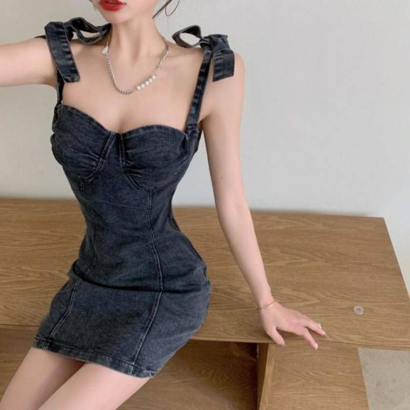 Đầm Denim Hai Dây Thắt Nơ Thời Trang Mùa Hè Hàng Mới