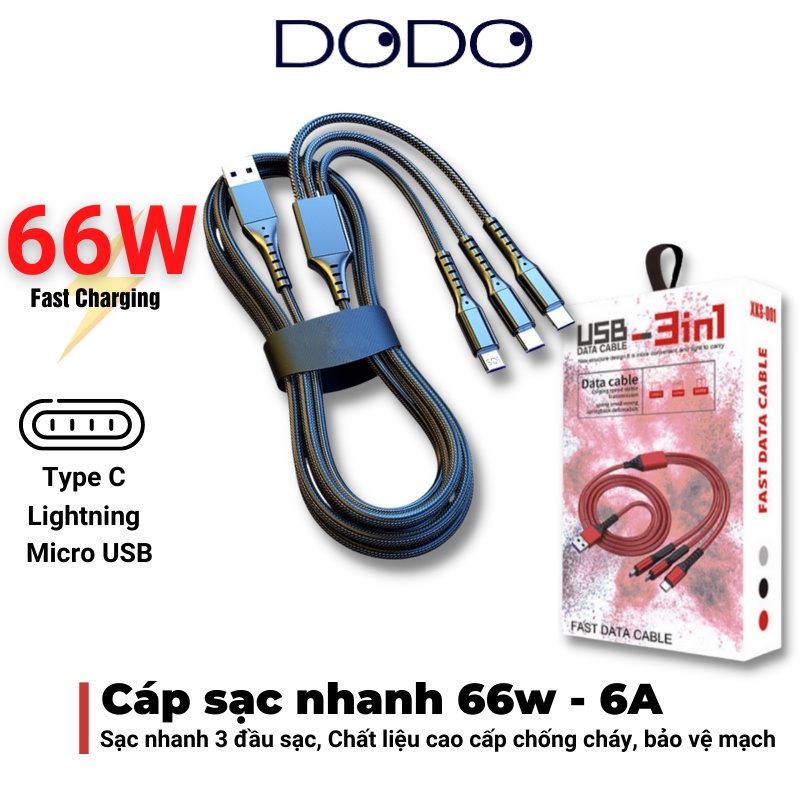 Cáp sạc 3 đầu đa năng, dây sạc nhiều đầu dọc dù chống đứt IPmicro typec dài 1m dùng cho samsung, xiaomi, oppo DOD