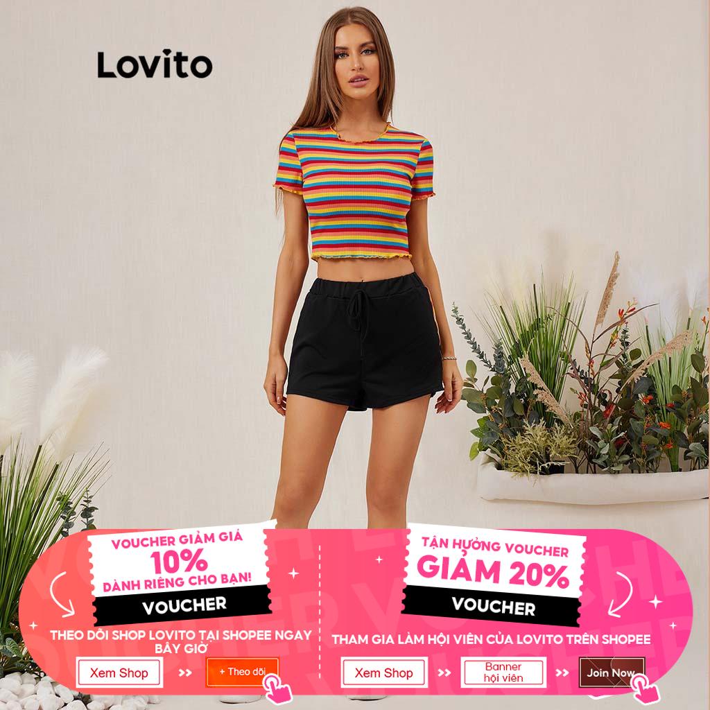 Quần short Lovito thắt lưng co dãn màu trơn buộc dây mặc thường ngày mùa hè L18D060 (Màu đen)